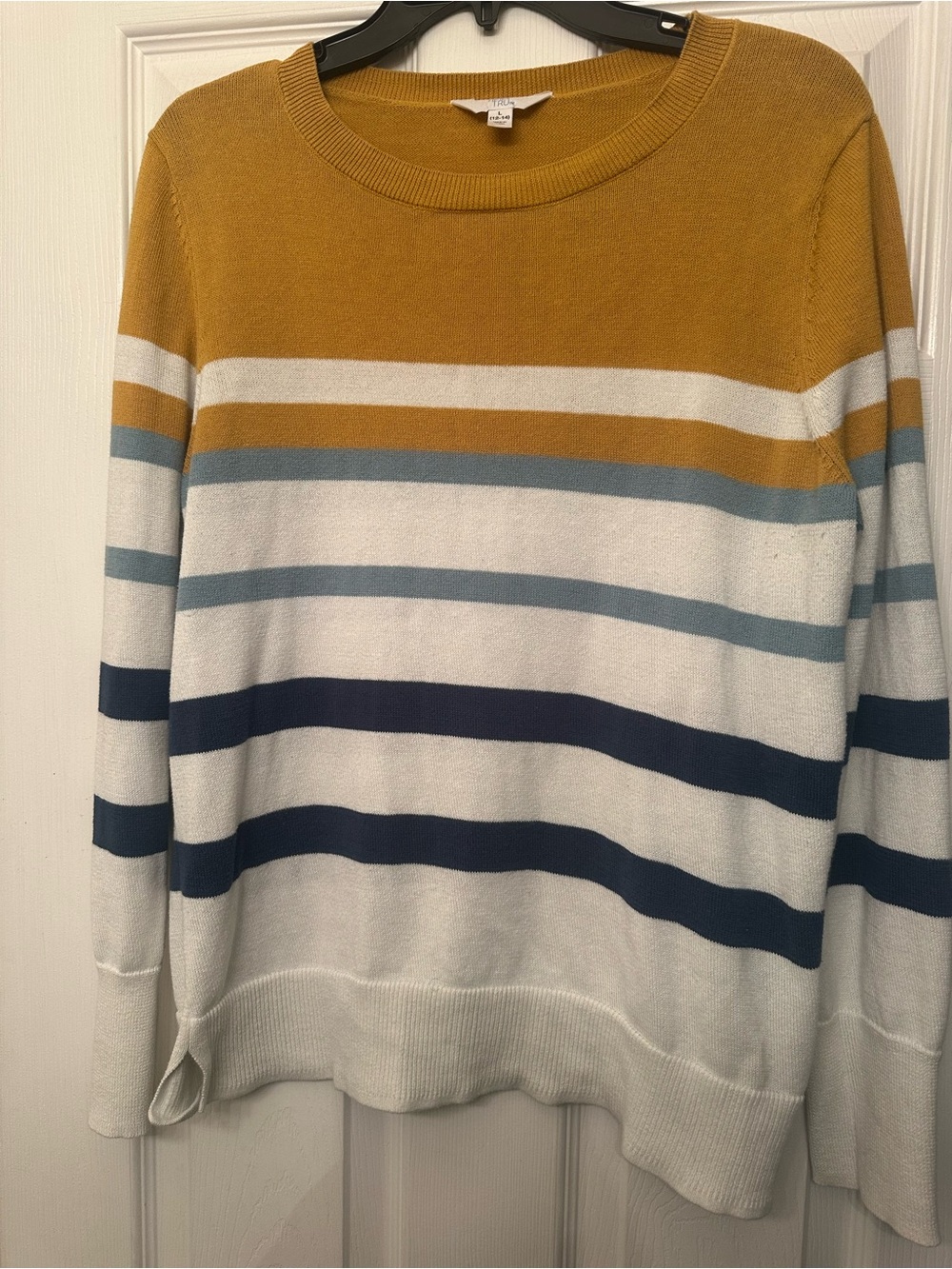 Time and Tru Striped Crew Neck Sweater - Mustard, White, Blue